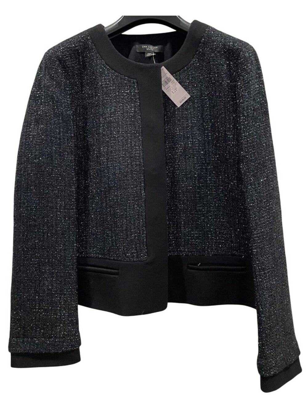 Ann Taylor Shimmer Wool Tweed Jacket 12P Black Glam Quiet Luxury Holiday Party